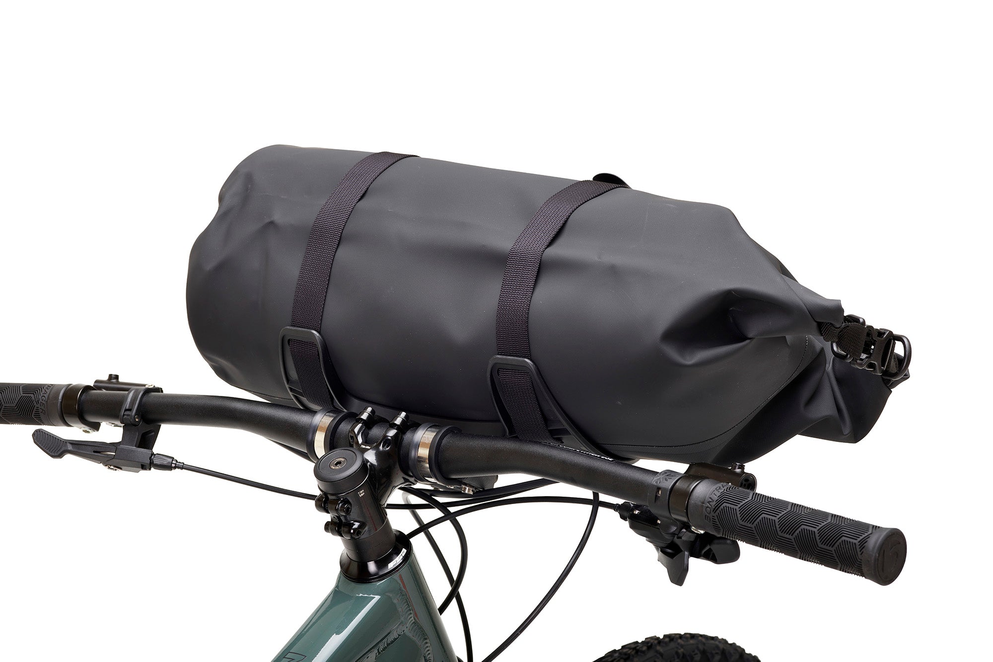 Black bicycle handlebar bag attached to a bike handlebar